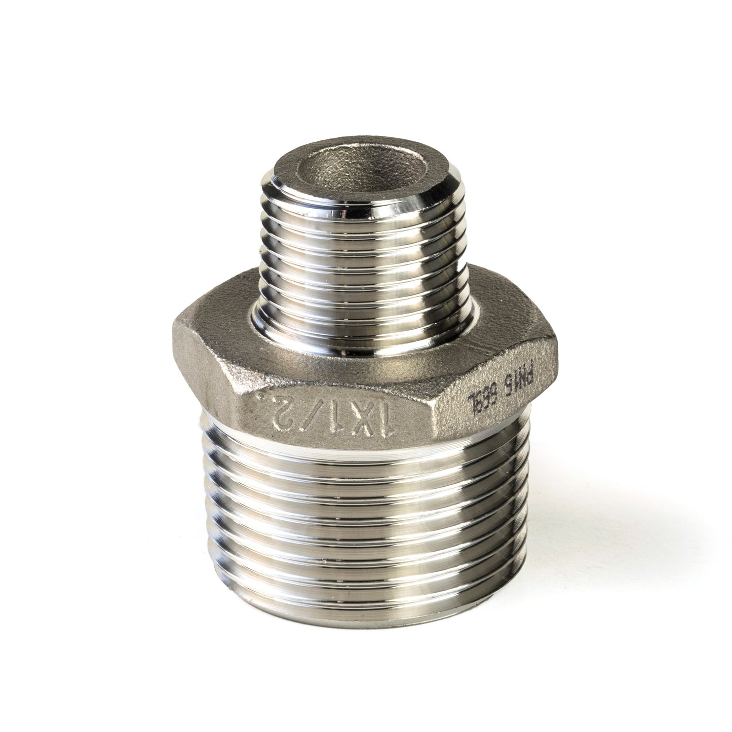 Niple reductor doble, acero inoxidable 316L, "cera perdida", 2x rosca macho, BSP 1" x ½"