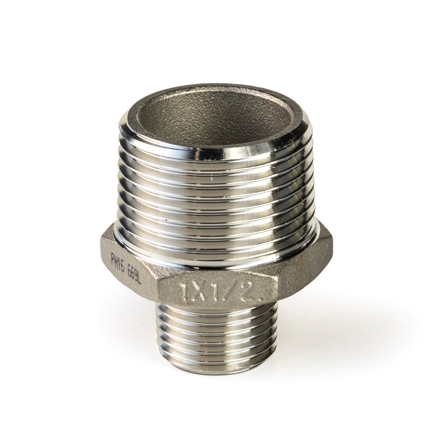Niple reductor doble, acero inoxidable 316L, "cera perdida", 2x rosca macho, BSP 1" x ½"
