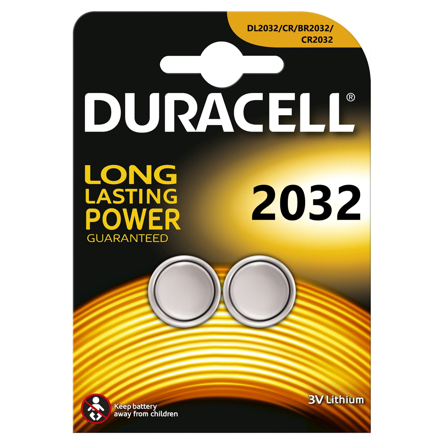 Duracell coin cell battery, lithium, CR2032, card of 2 pieces