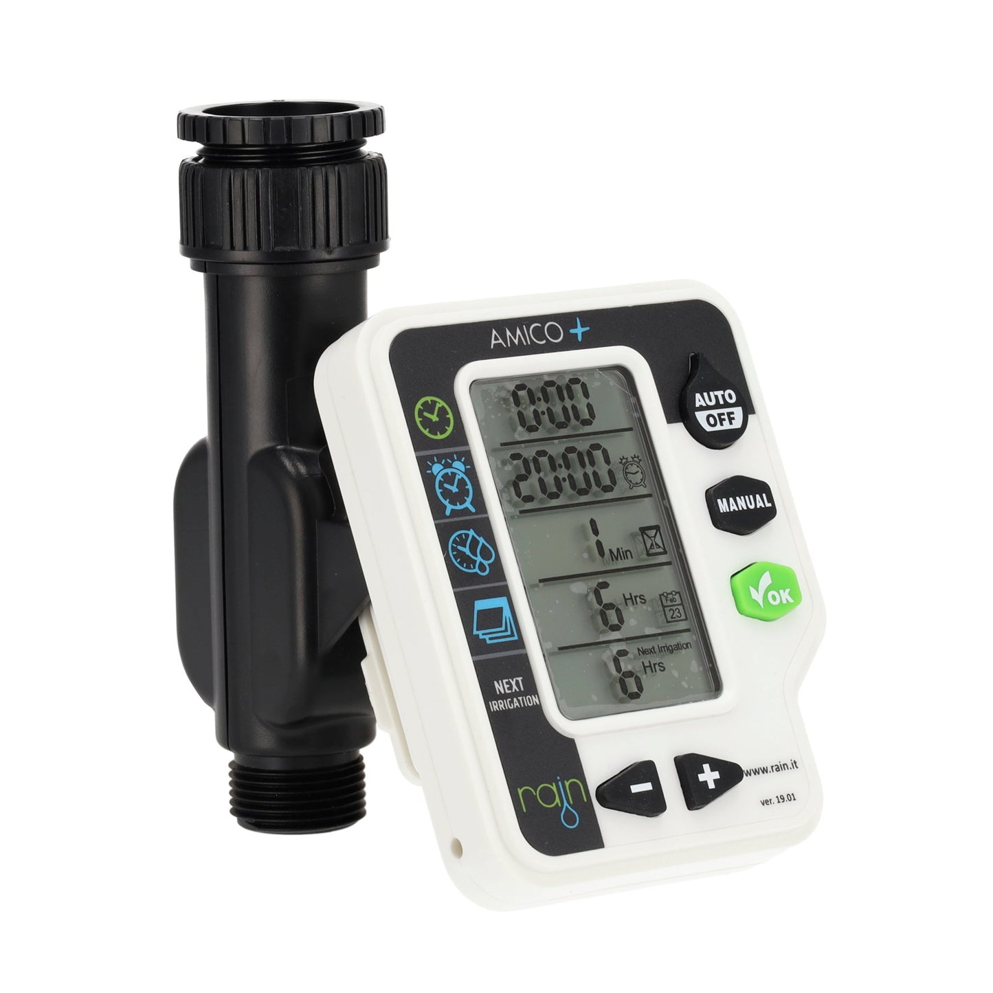 Rain irrigation computer, type Amico+, 1 station, battery-powered with 4 start times