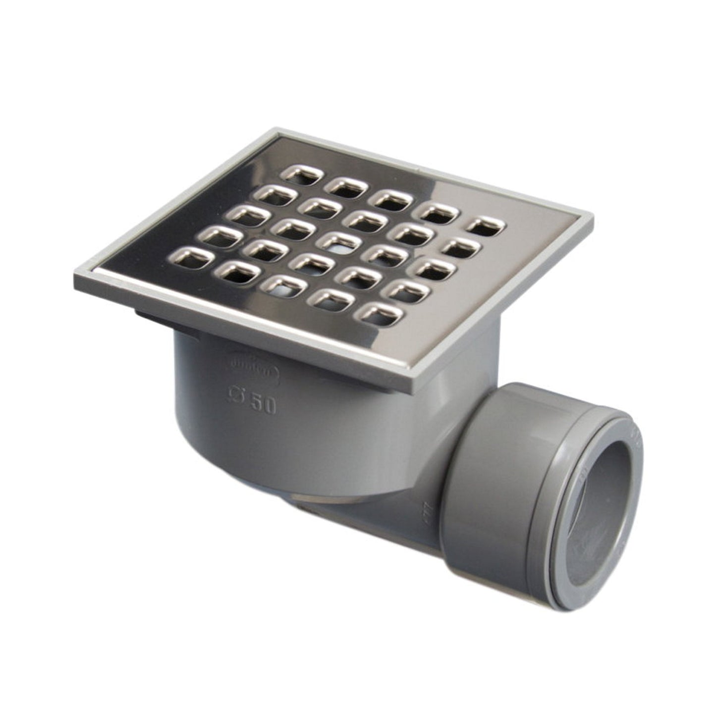 Floor drain with SS grate, PVC/SS, non-adjustable, 105x105 mm, side outlet 40/50 mm