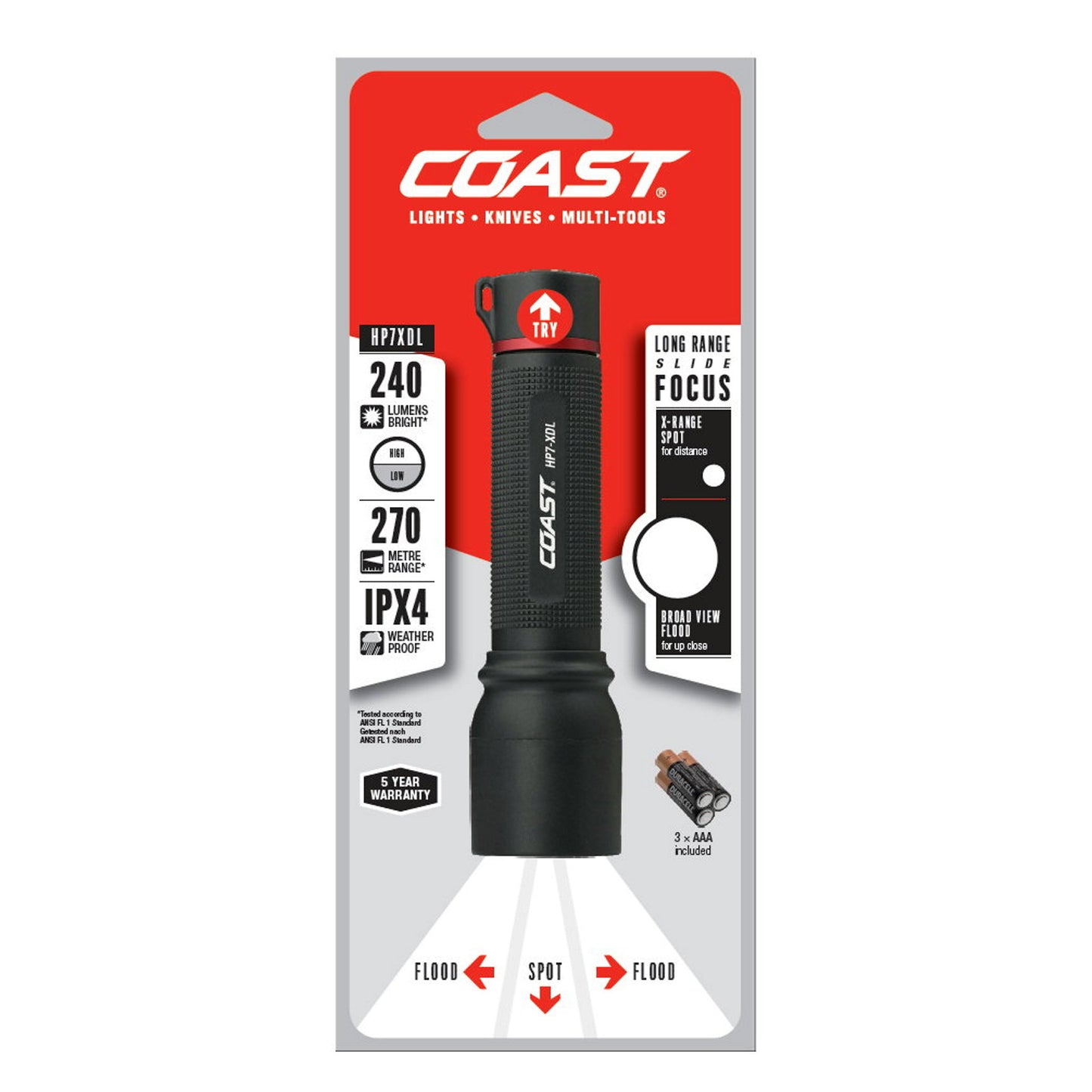 Linterna LED Coast, incluye 3 pilas AAA, 240 lúmenes, tipo HP7-XDL, enfoque de largo alcance