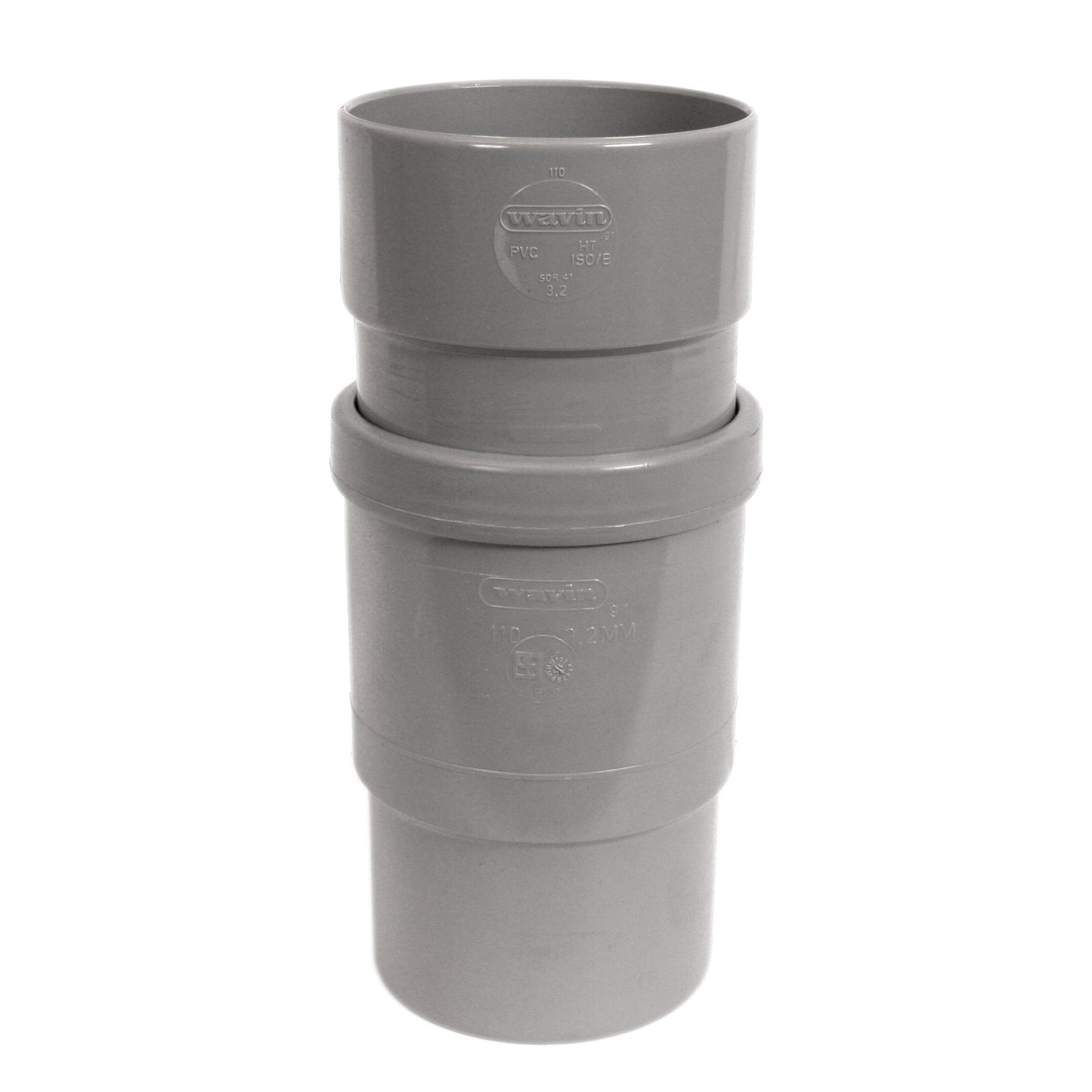 Wavin expansion coupling, PVC, external glue x cuff, grey, KOMO, 110 mm