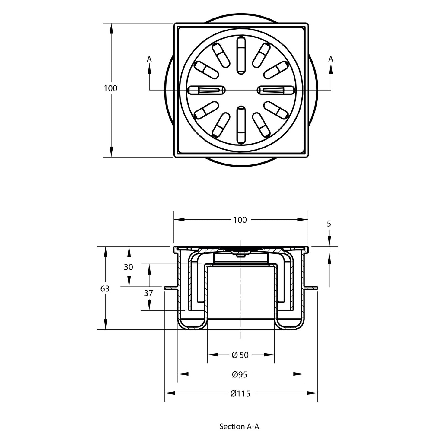 Floor drain with SS grate, ABS/SS 304, non-adjustable, 100x100 mm, side outlet 50 mm, 0.5l/s, 3kN