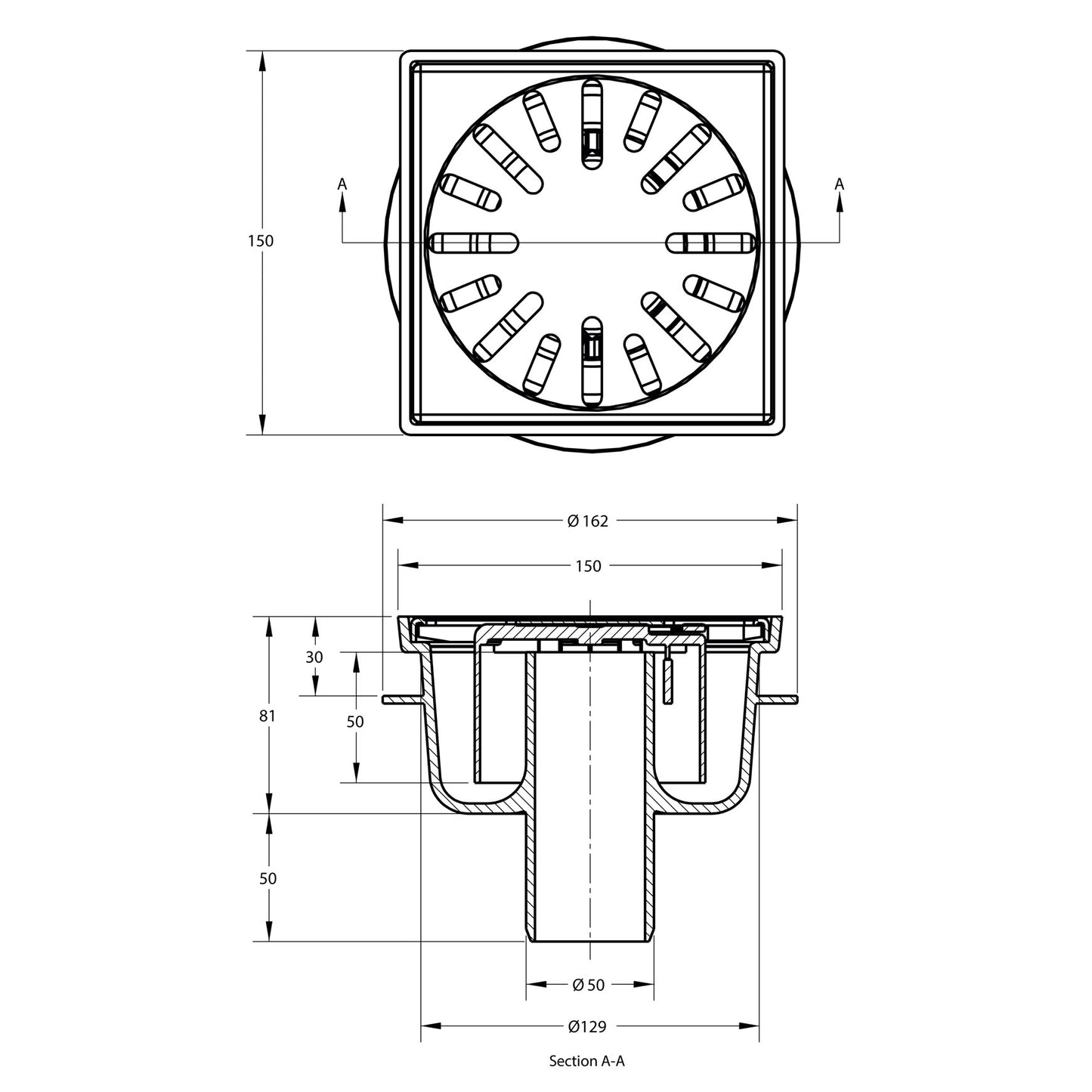 Floor drain with SS grate, ABS/SS 304, non-adjustable, 150x150 mm, side outlet 50 mm, 0.7l/s, 3kN