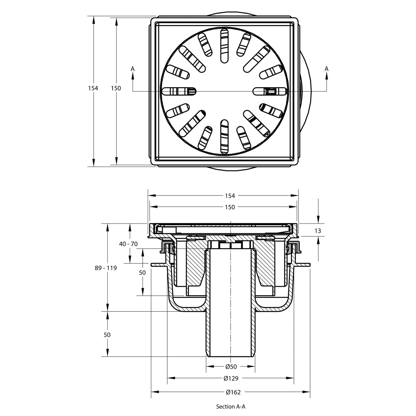 Floor drain with SS grate, ABS/SS 304, vert./hor. adj., 150x150mm, bottom outlet 50mm, 1.0l/s, 3kN