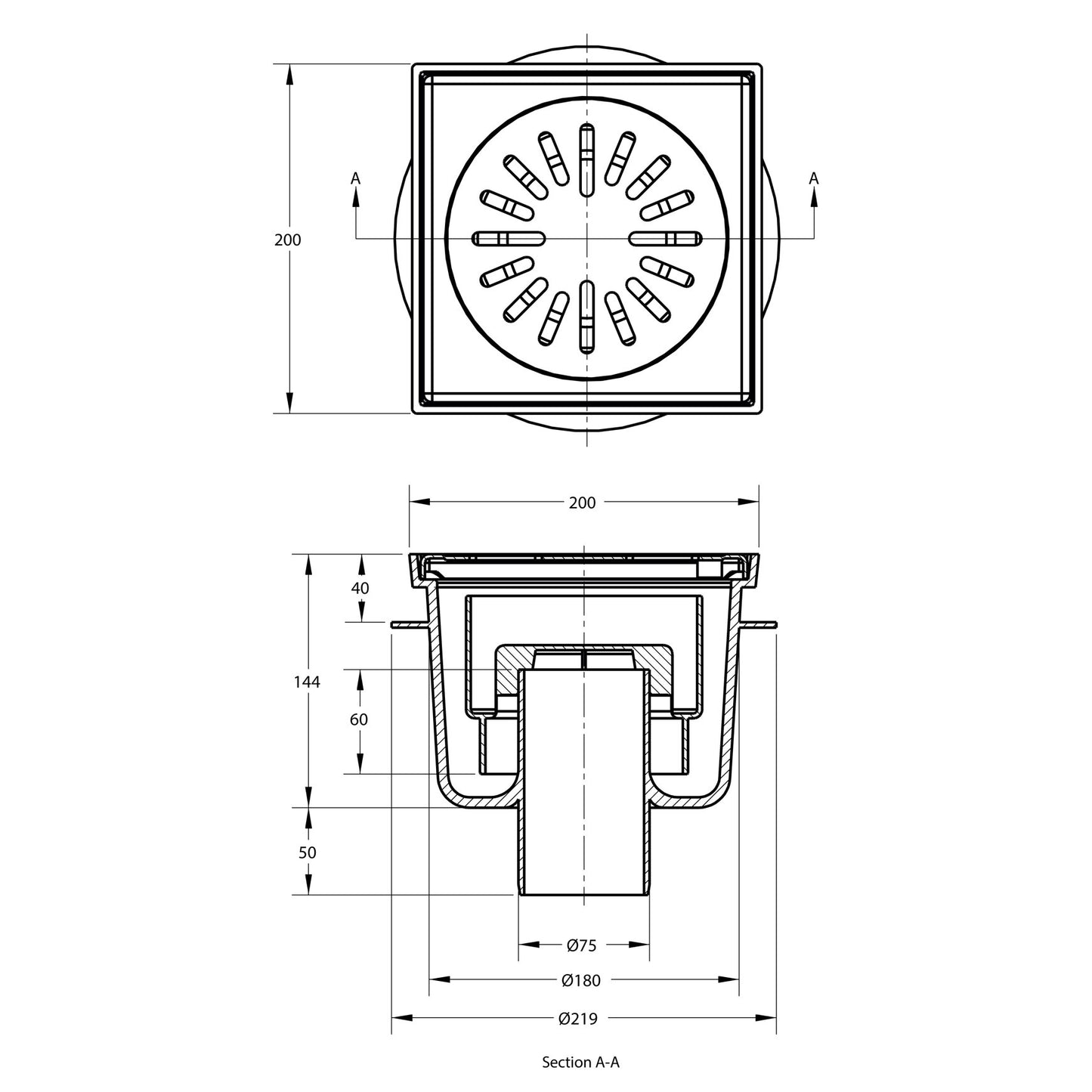 Floor drain with SS grate, ABS/SS 304, non-adjustable, 200x200 mm, side outlet 75 mm, 1.3l/s, 1.5kN