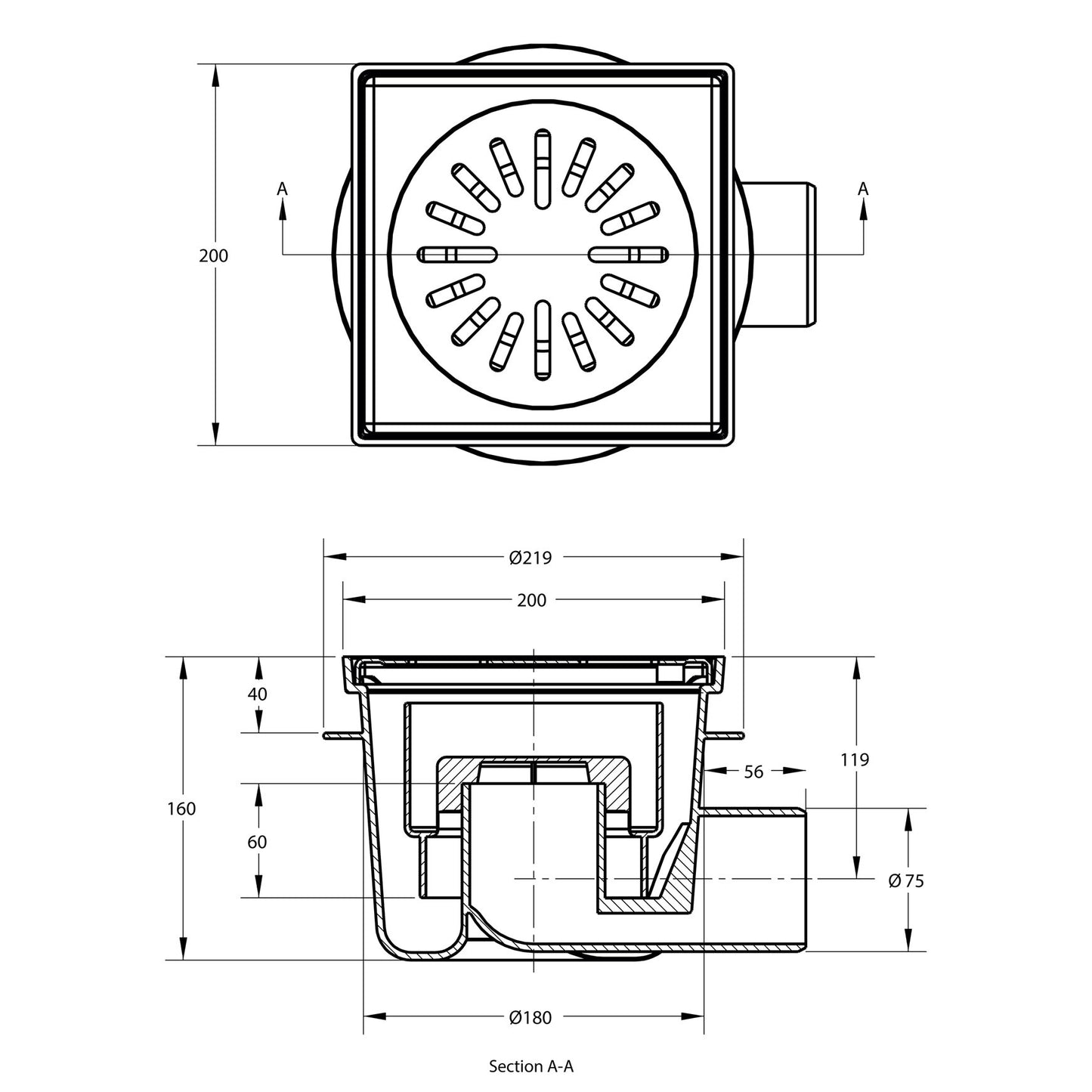 Floor drain with SS grate, ABS/SS 304, non-adjustable, 200x200 mm, side outlet 75 mm, 1.0l/s, 1.5kN