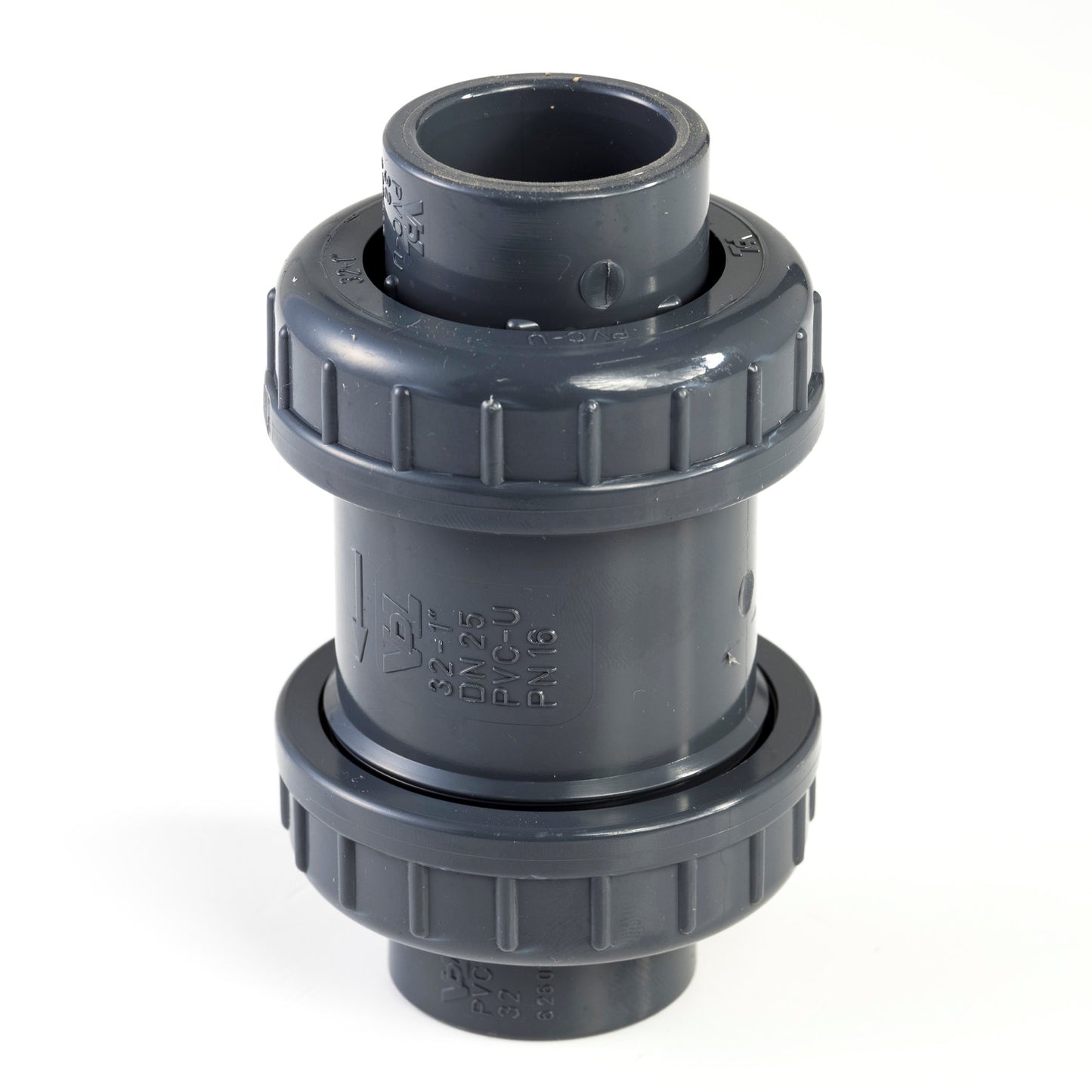 VDL non-return valve, PVC, 2x internal glue/2x union nut, 16 bar, SS spring S4, 63 mm, EPDM