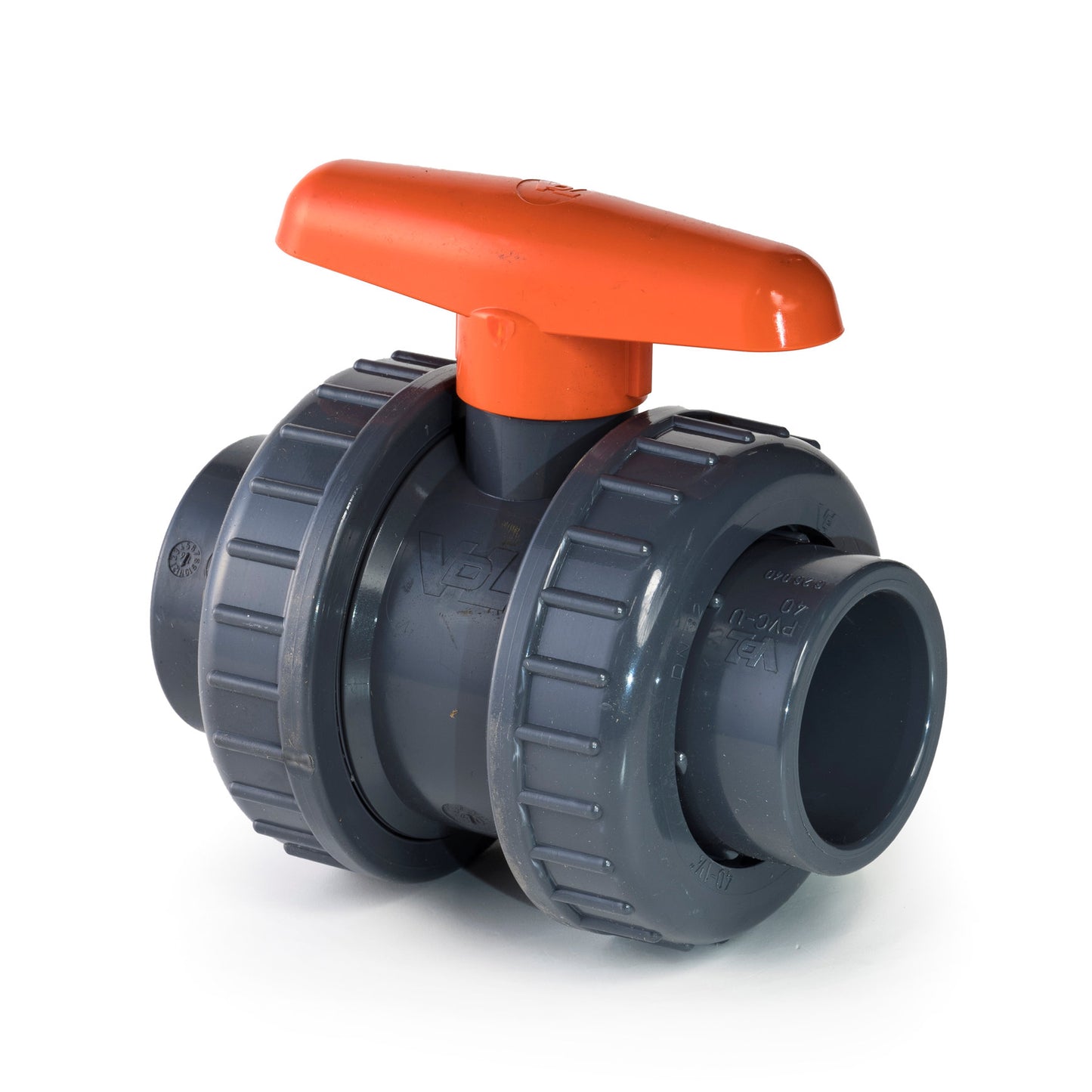 VDL ball valve, PVC, 2x internal glue / 2x union nut, orange lever, 16 bar, 40 mm, EPDM