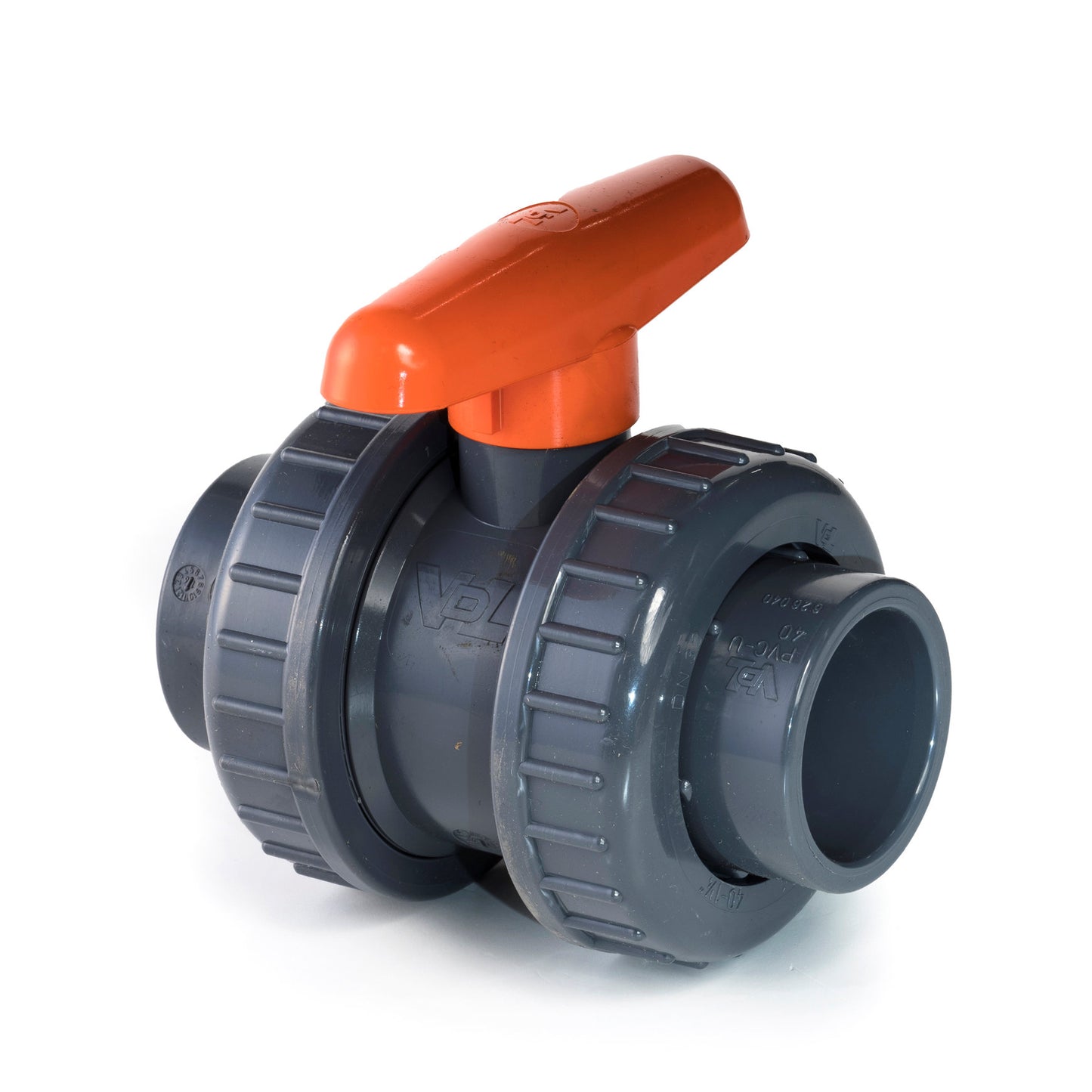 VDL ball valve, PVC, 2x internal glue / 2x union nut, orange lever, 16 bar, 40 mm, EPDM