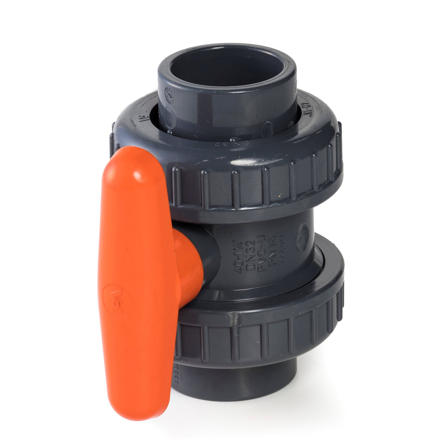 VDL ball valve, PVC, 2x internal glue / 2x union nut, orange lever, 16 bar, 40 mm, EPDM