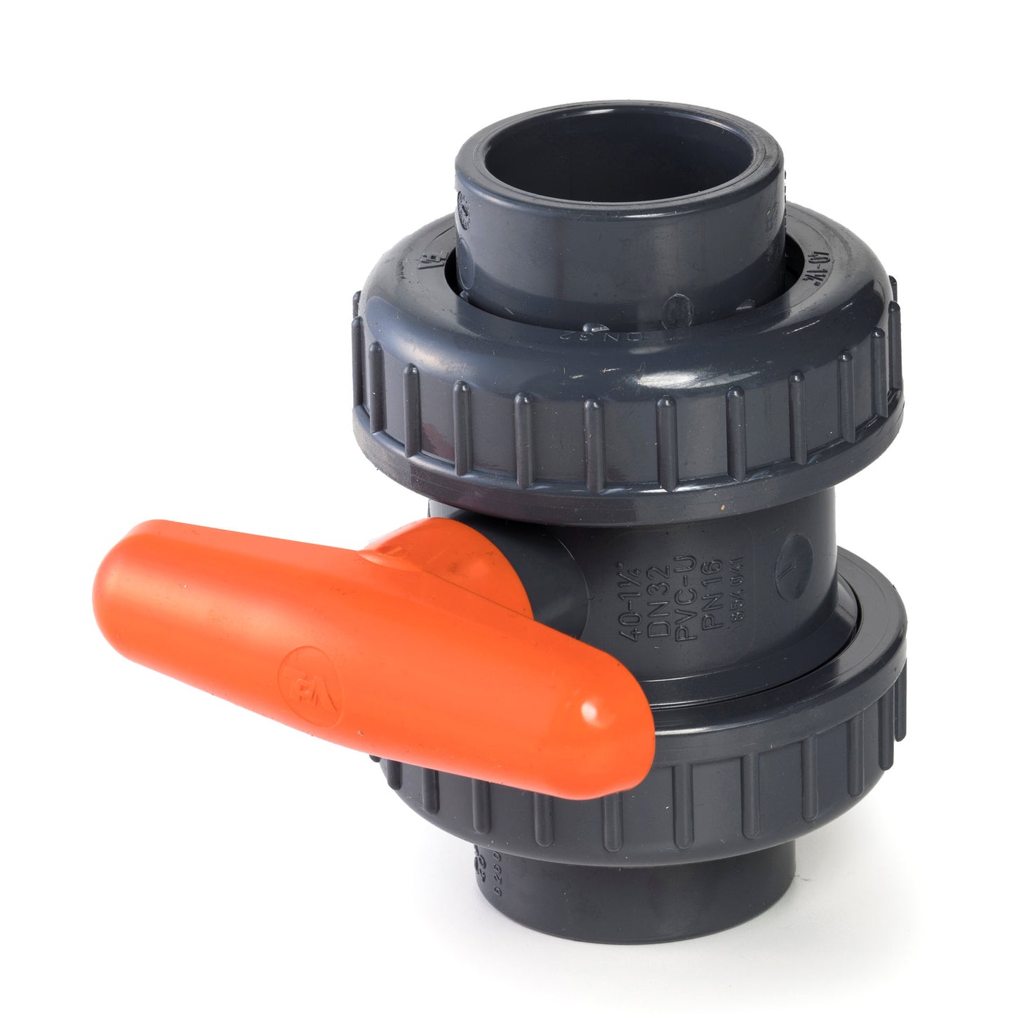 VDL ball valve, PVC, 2x internal glue / 2x union nut, orange lever, 16 bar, 40 mm, EPDM