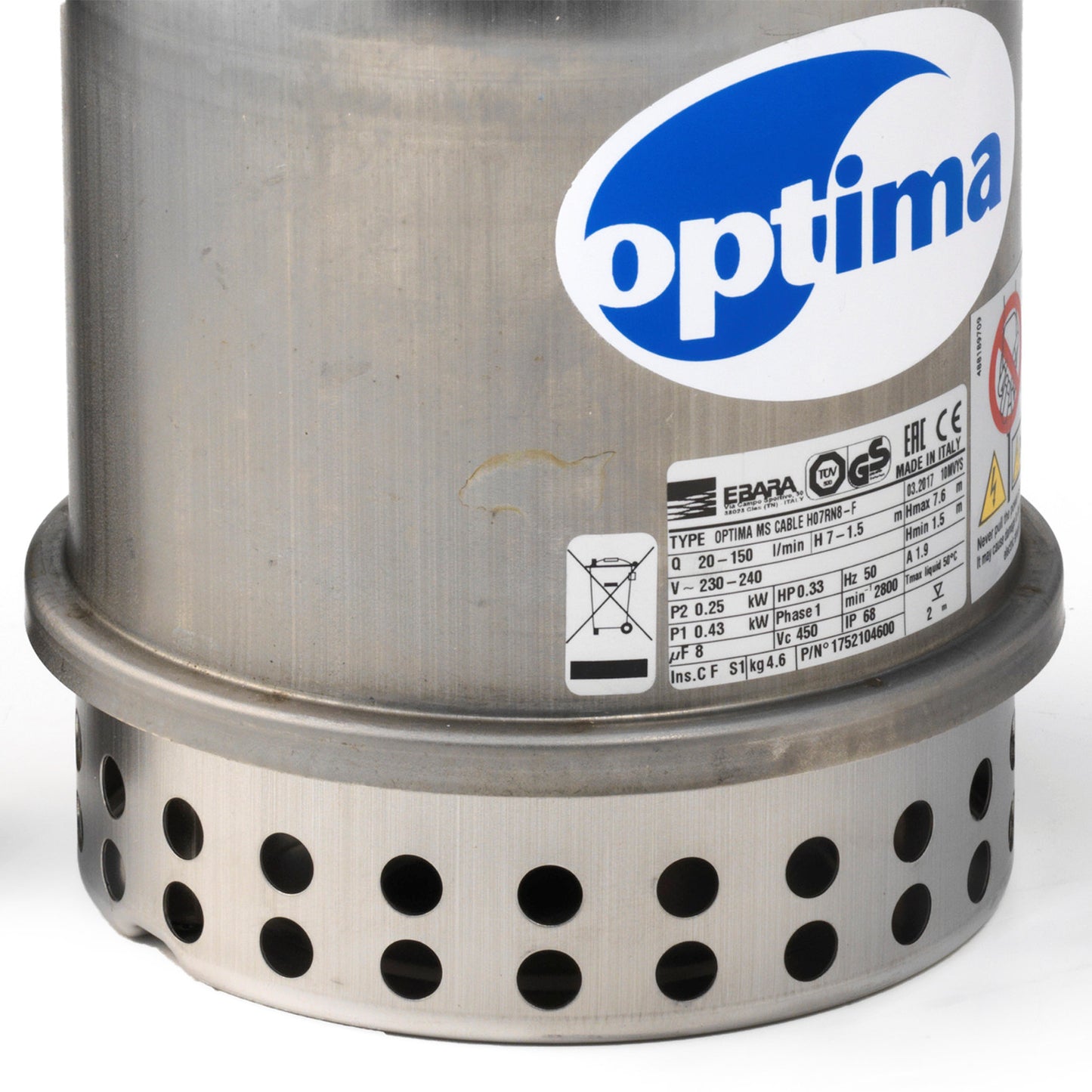 Ebara submersible pump for clean water, stainless steel, Optima MS, 0,25 kW, 230 V, tube float
