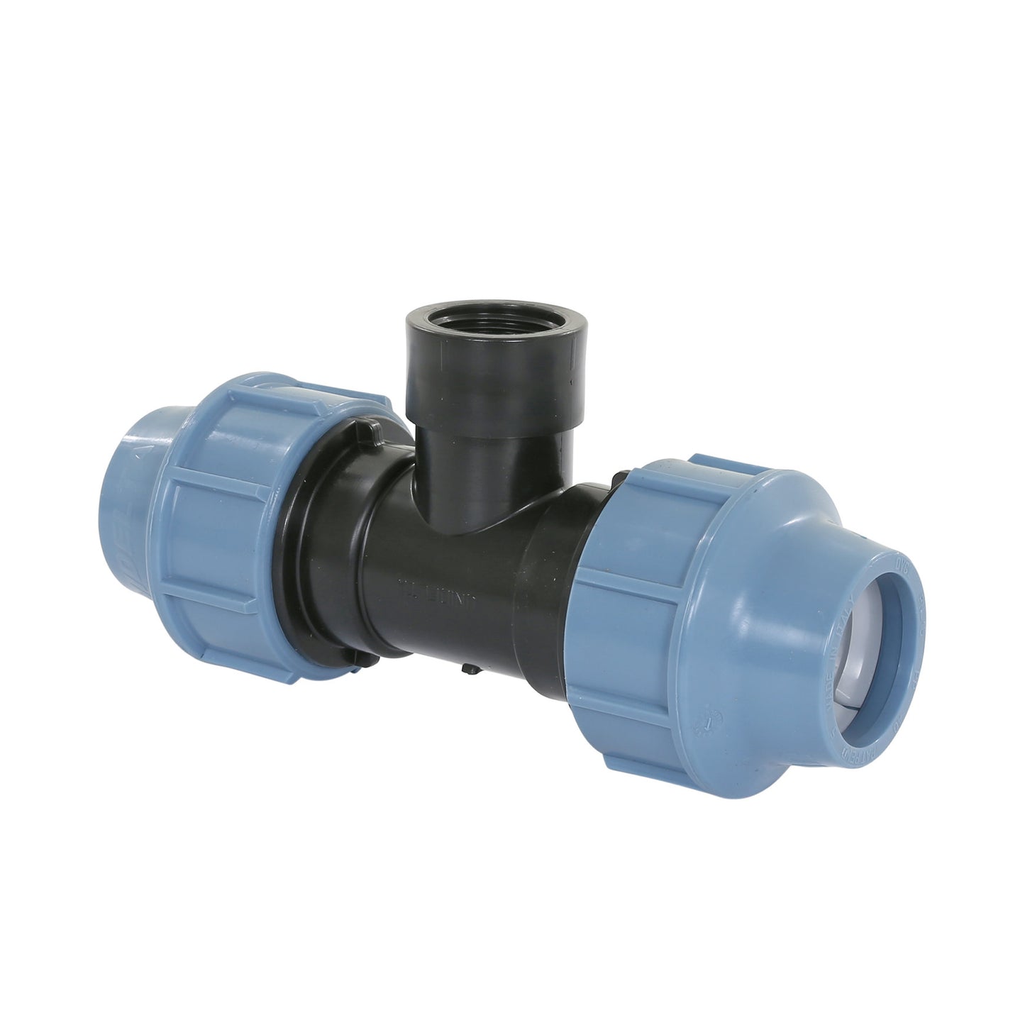Unidelta threaded T-piece 90°, PP, 2x clamp/1x female thread, Kiwa, 16 bar, 16 mm x ¾"