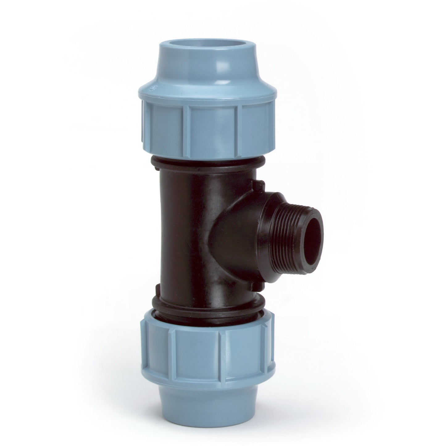 Unidelta threaded T-piece 90°, Kiwa, 16 bar, PP, 2x clamp/1x male thread, 25 mm x ¾"