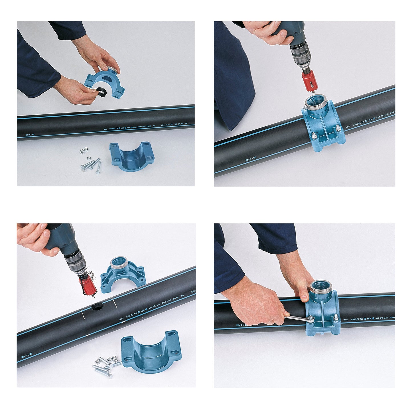 Unidelta clamp saddle, PP, 1x female thread, blue, incl. bolts and nuts, 50 mm x ½"