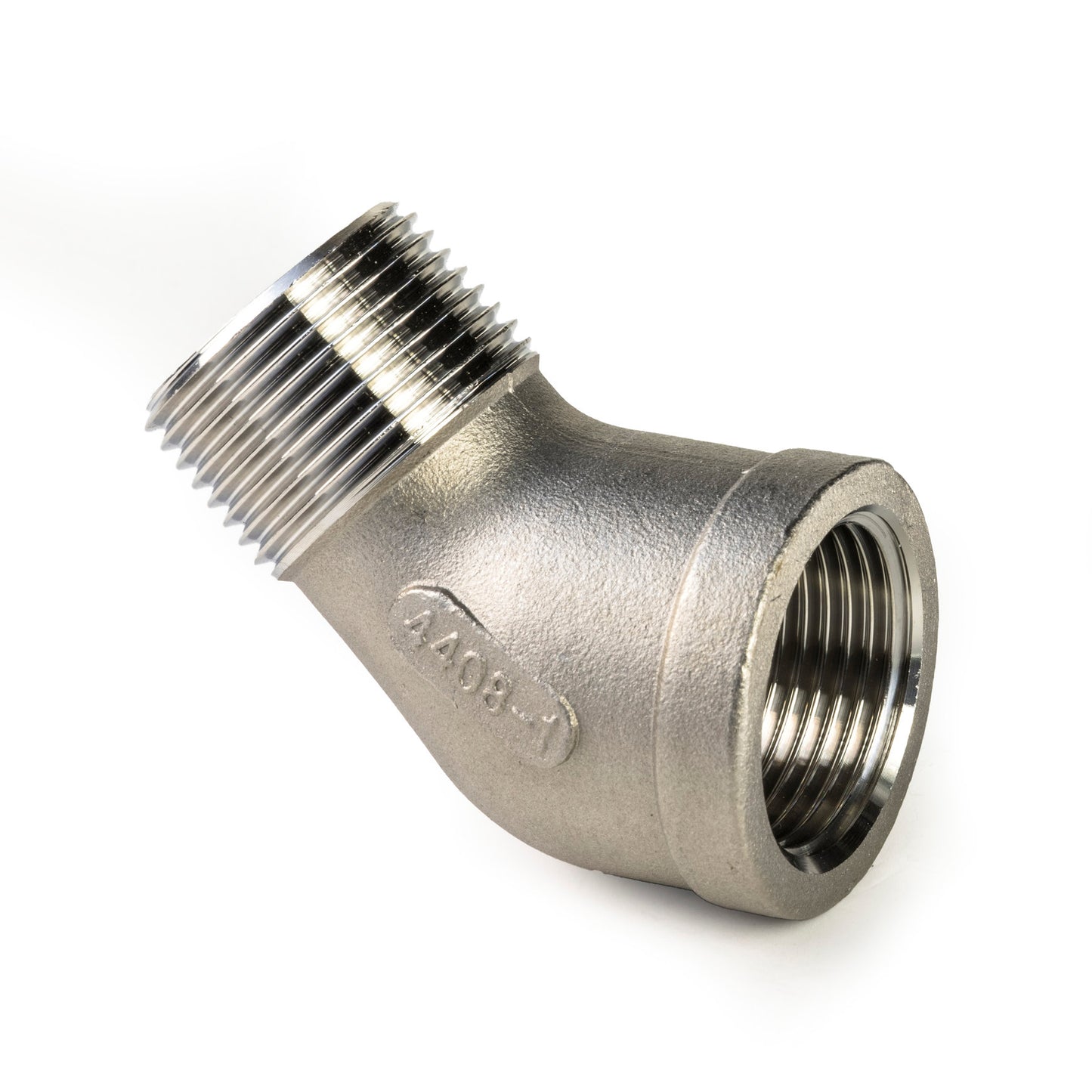 Elbow 45°, stainless steel, "lost wax", female thread x male thread, BSP 1"