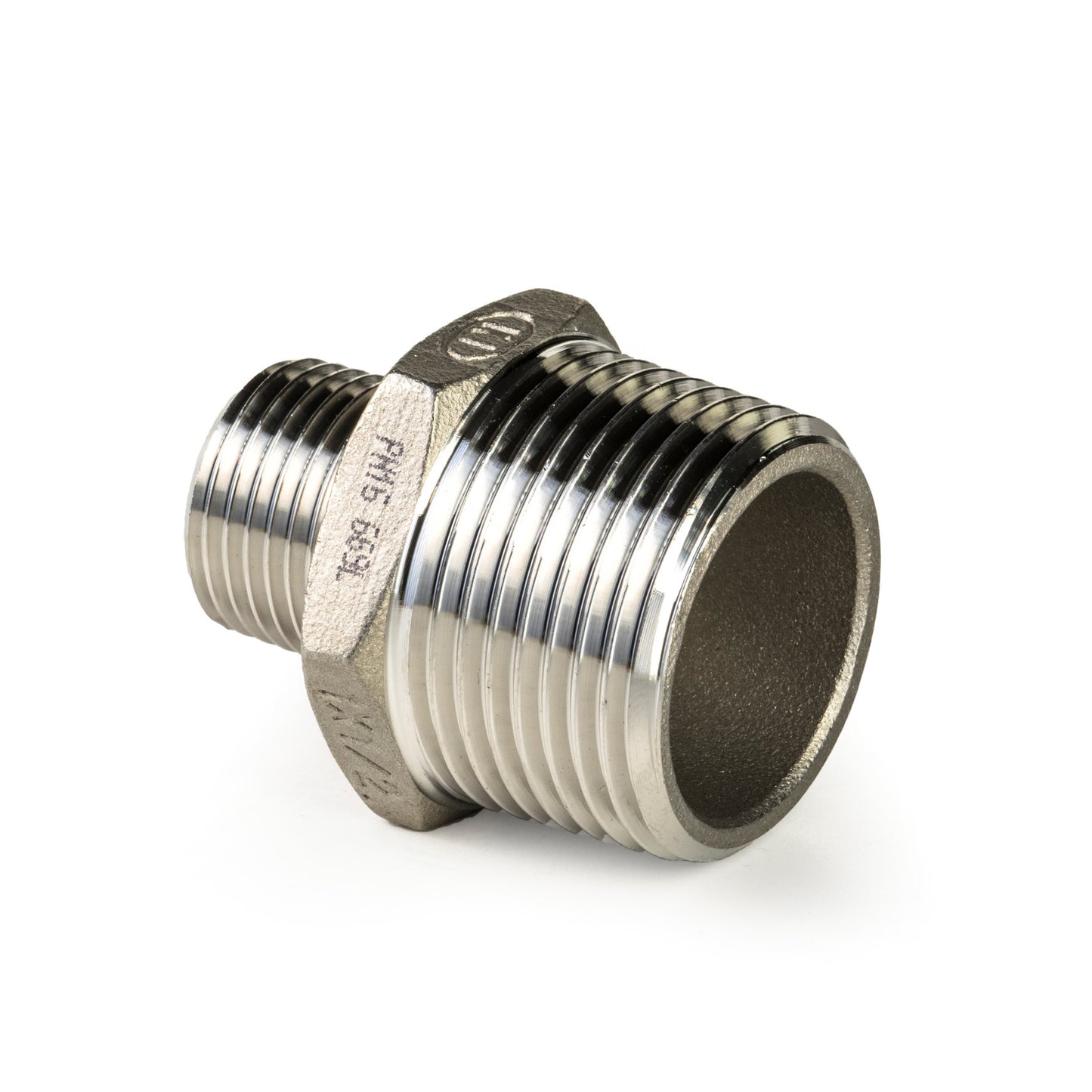 Niple reductor doble, acero inoxidable 316L, "cera perdida", 2x rosca macho, BSP 1" x ½"