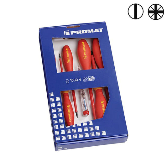 Promat screwdriver set, VDE-insulated, 7-piece, with voltage tester, slot + PZD