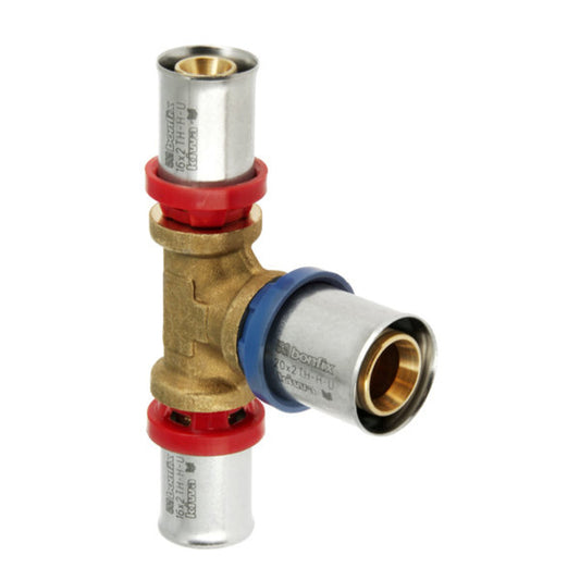 Pieza en T reductora Bonfix Alu-press 90°, prensa triple, Kiwa, 16 x 20 x 16 mm