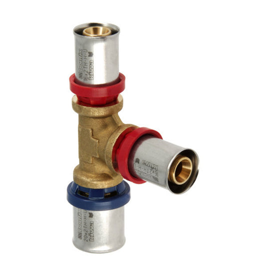 Pieza en T reductora Bonfix Alu-press 90°, prensa triple, Kiwa, 20 x 16 x 16 mm