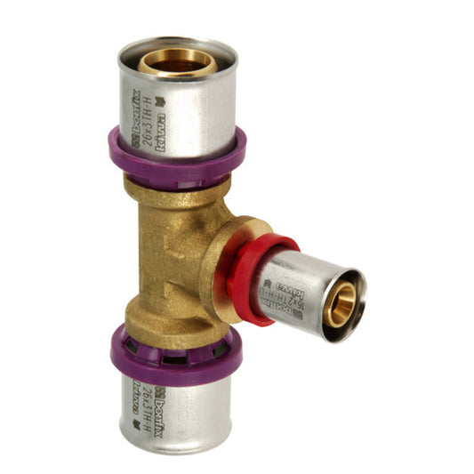 Pieza en T reductora Bonfix Alu-press 90°, prensa triple, Kiwa, 26 x 16 x 26 mm