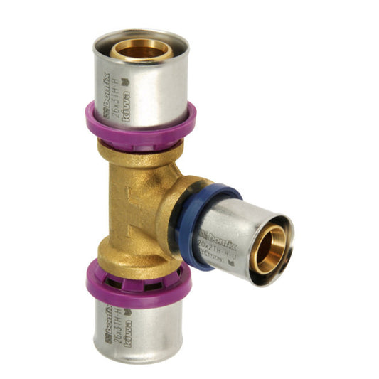 Pieza en T reductora Bonfix Alu-press 90°, prensa triple, Kiwa, 26 x 20 x 26 mm