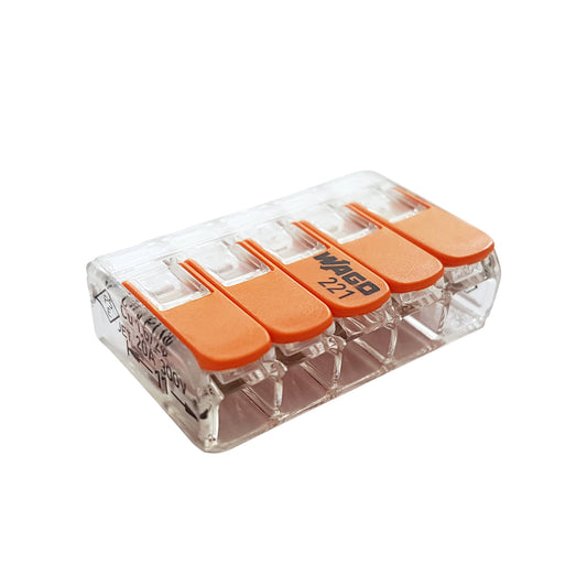 Wago lever connector, relockable, transparent, type 221-615, 5x 0.5-6 mm², blister with 6 pieces