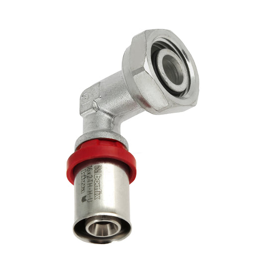 Bonfix Alu-press transition elbow 90°, for built-in reservoir, union nut x press, Kiwa, ½" x 16 mm