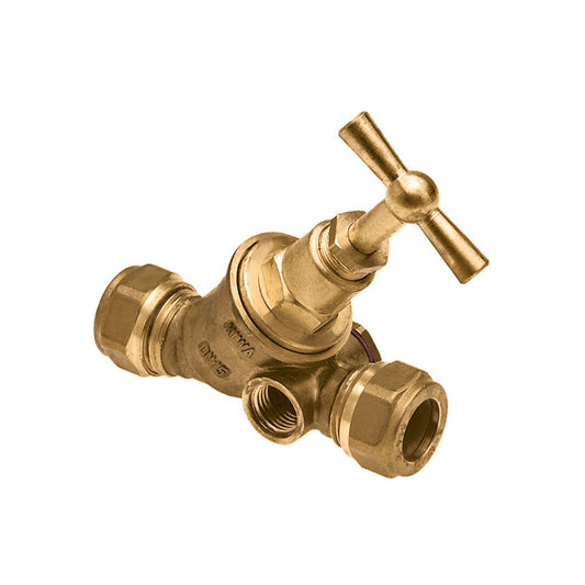 Bonfix stop cock with drainplug connection, brass, 2x compression, Kiwa, 22 mm