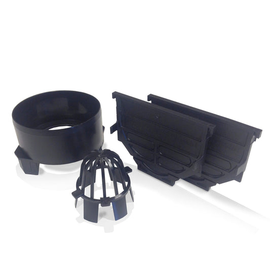 ACO end pieces set with leaf basket and bottom outlet, type Hexaline, PE, grey, 12.5 x 8.2 cm