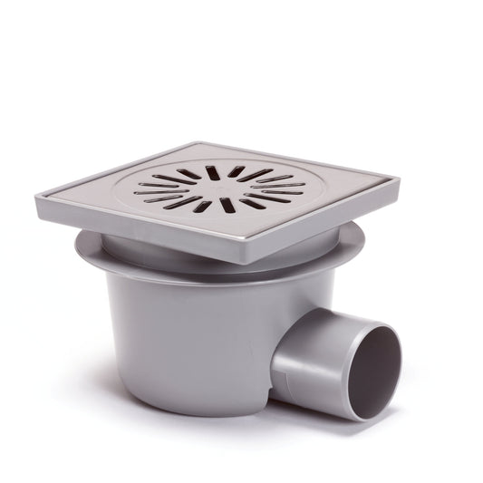 Floor drain with SS grate, ABS/SS 304, non-adjustable, 200x200 mm, side outlet 75 mm, 1.0l/s, 1.5kN