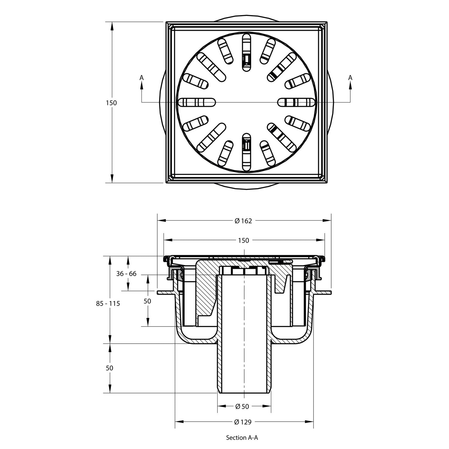 Desagüe de suelo con borde de acero inoxidable + rejilla, ABS/SS 304, ajuste vertical, 150 x 150 mm, salida inferior 50 mm, 1,0 l/s, 3 kN