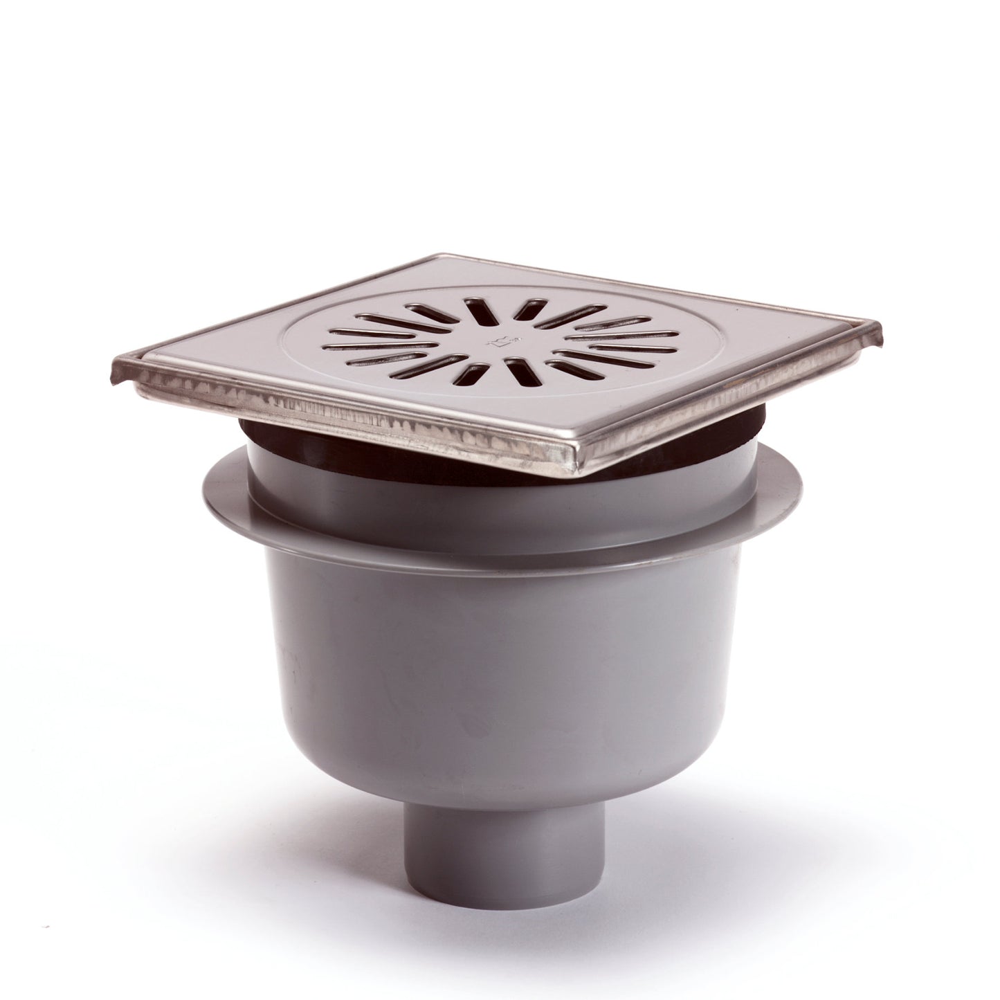Desagüe de suelo con borde de acero inoxidable + rejilla, ABS/SS 304, ajuste vertical, 150 x 150 mm, salida inferior 50 mm, 1,0 l/s, 3 kN