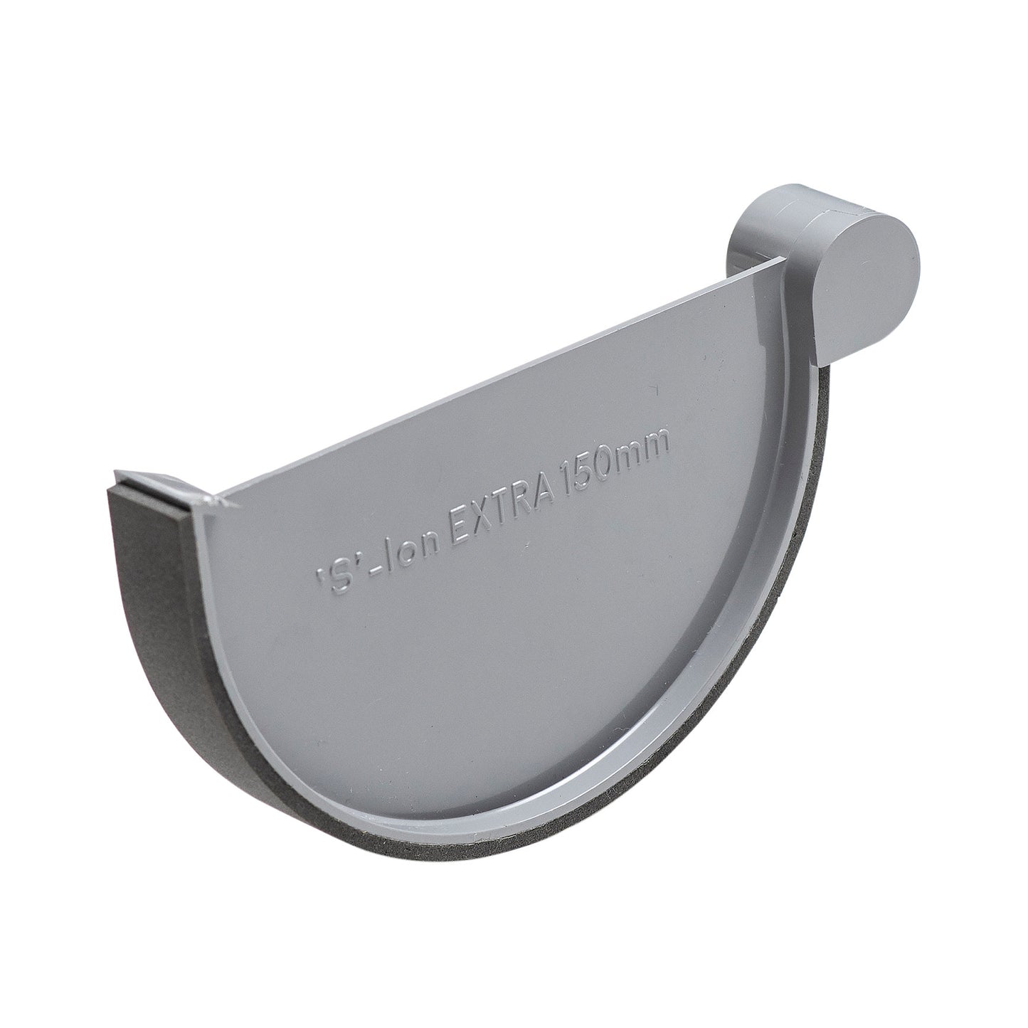 S-lon end piece for half round gutter, PVC, clamp, left, grey, 150 mm
