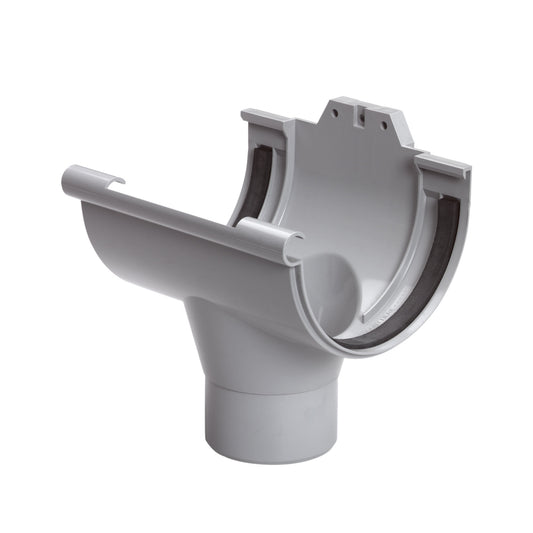 Nicoll Techtan gutter outlet for half round gutter, PVC, clamp, 170 mm, outlet 100 mm, light grey