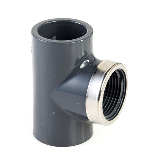 VDL screw T-piece 90°, 2x internal glue/1x female thread, 16 bar, 32 mm x 1", + reinforcement ring