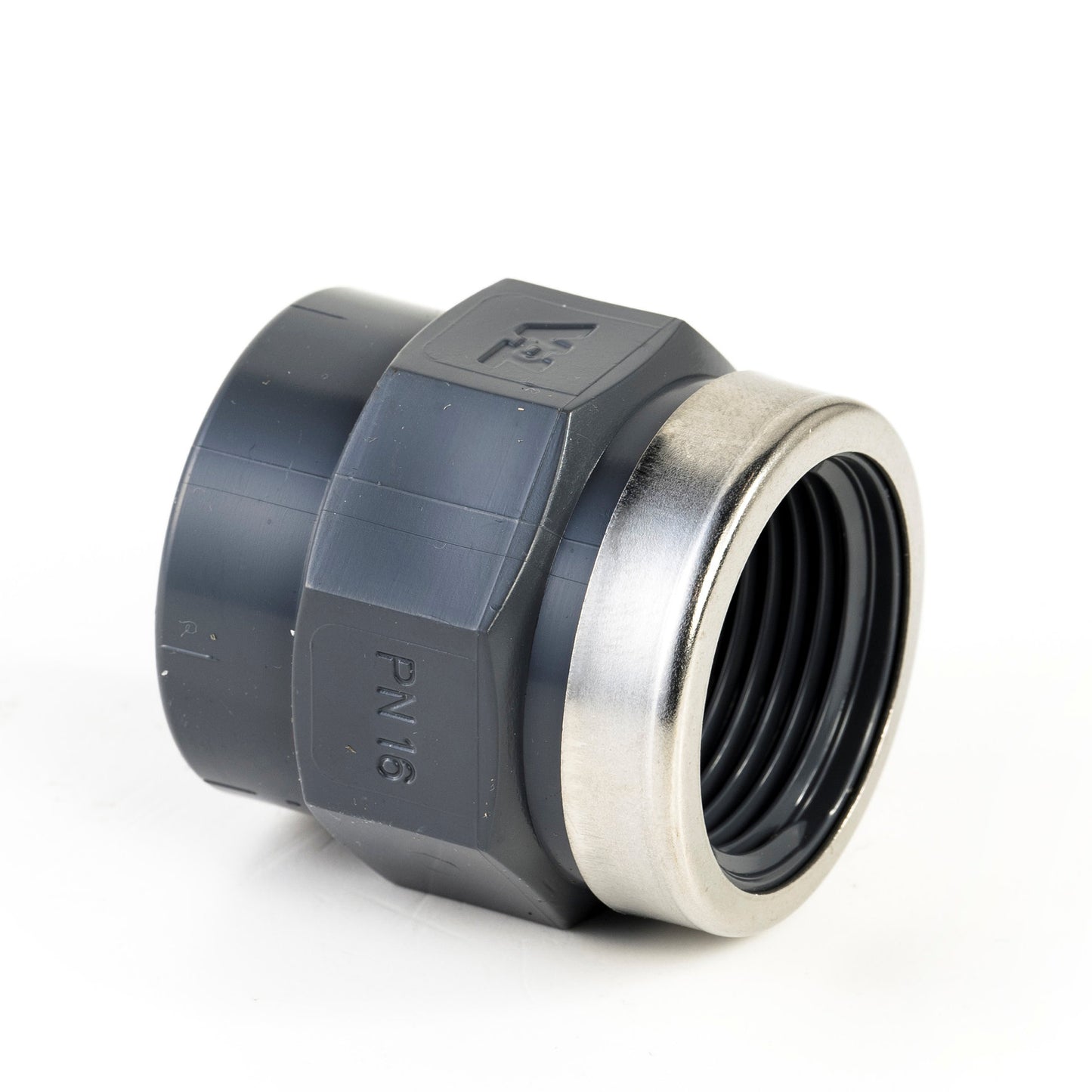 VDL screw piece, PVC, internal glue x fem. thread, 16 bar, type B, 25 mm x ¾", + reinforcement ring