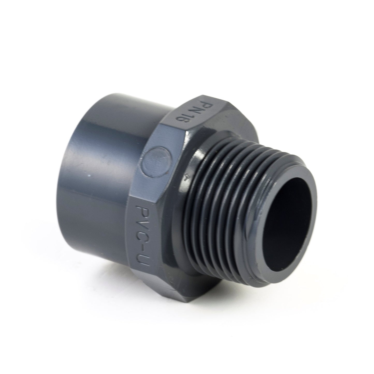VDL threaded socket, PVC, internal glue x male thread, 16 bar, 63/75 mm x 2"