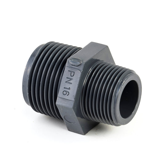 VDL double reducing nipple, PVC, 2x male thread, 16 bar, ½" x 3/8"