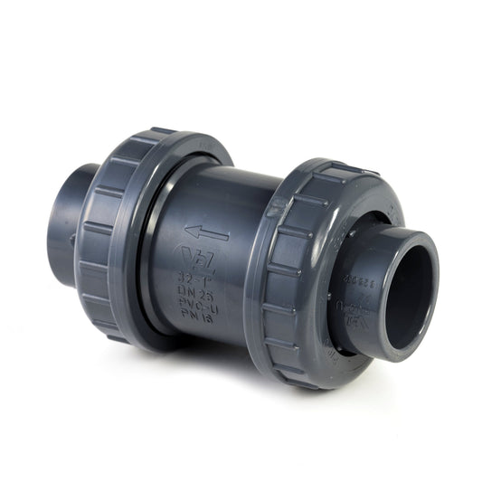 VDL non-return valve, PVC, 2x internal glue/2x union nut, 16 bar, SS spring S4, 63 mm, EPDM