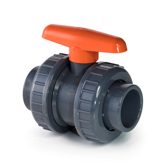 VDL ball valve, PVC, 2x internal glue / 2x union nut, orange lever, 16 bar, 40 mm, EPDM