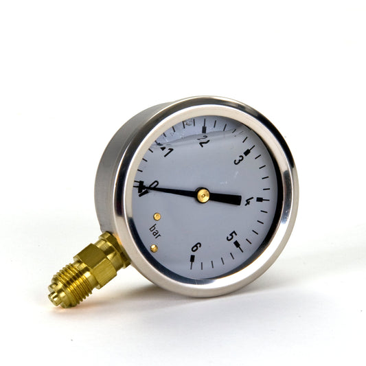 Bourdon tube pressure gauge with bottom connection, glycerine filling, 0 - 6 bar