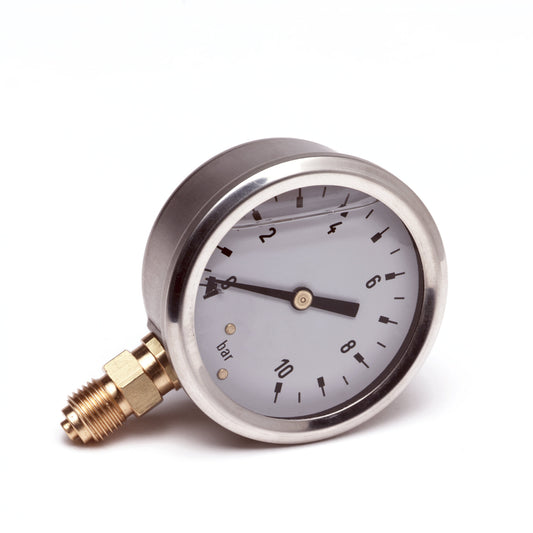 Bourdon tube pressure gauge with bottom connection, glycerine filling, 0 - 10 bar