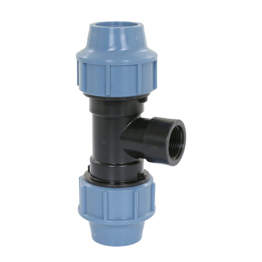 Unidelta threaded T-piece 90°, PP, 2x clamp/1x female thread, Kiwa, 16 bar, 20 mm x ¾"