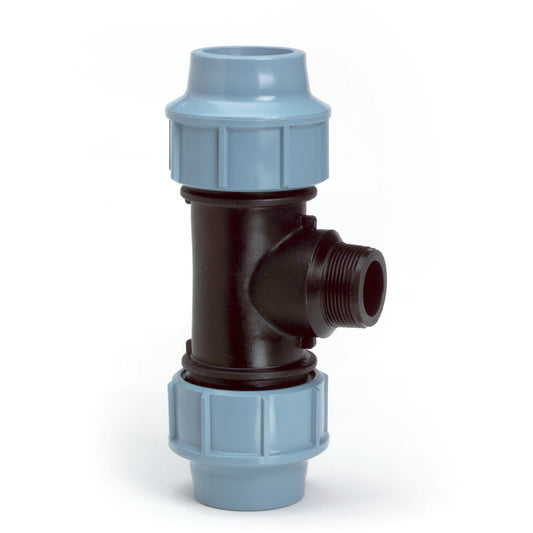 Unidelta threaded T-piece 90°, Kiwa, 16 bar, PP, 2x clamp/1x male thread, 20 mm x ¾"