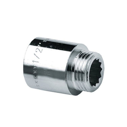 Bonfix extension nipple, chrome-plated brass, female thread x male thread, ½", l = 10 mm