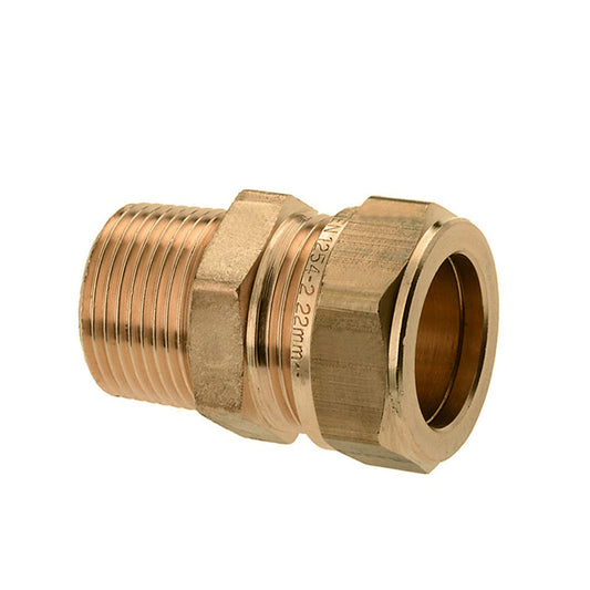 Adaptador macho Bonfix, latón, rosca macho x compresión, Kiwa/Gastec QA, ½" x 22 mm