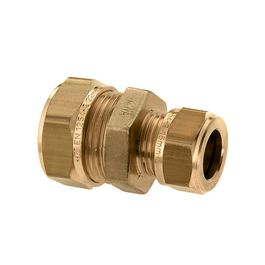 Acoplamiento reductor recto Bonfix, latón, 2x compresión, Kiwa / Gastec QA, 15 x 12 mm